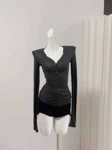 Duolaimei Three Colors V Neck Stylish Basic Bottoming Shirt Female 2024 Fall/Winter Slim Slim Looking Breathable Long Sleeves Tops