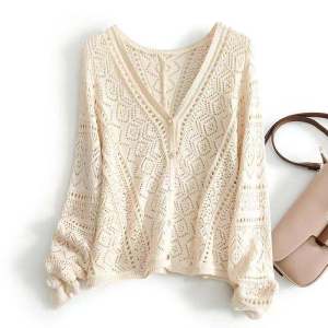 French Bohemian Style V-Neck Knit Sweater for Women Loose Fit Long Sleeves with Button Work Clothing Cardigan