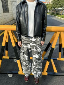 From Street Black and White Camouflage Denim Patchwork Waist Multi-Pocket Shells Pants Cargo Pants Cargo Pants Men