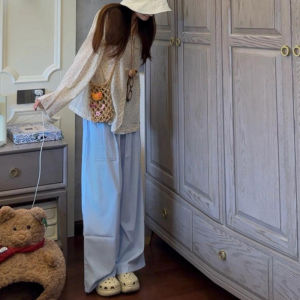 กางเกงขายาวเอวสูงทรงหลวมสไตล์ญี่ปุ่นสำหรับผู้หญิง กางเกงขายาวทรงตรงทรงหลวมสบายๆ สีฟ้าเข้ม ฤดูร้อน 2024