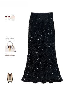 La Chapelle Velvet Sequin Fish Tail Skirt Womens Autumn Winter High Waist Elegant Bodycon mid Length Half Body Skirt