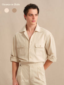 Wool Linen Cuban Collar Pocket Shirt Loose Leisure Style Long Sleeve
