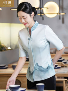 New Chinese Style Short Sleeve Hotel Uniform Womens High End Restaurant Cafe Cashier Summer Clothing Polyester Fiber