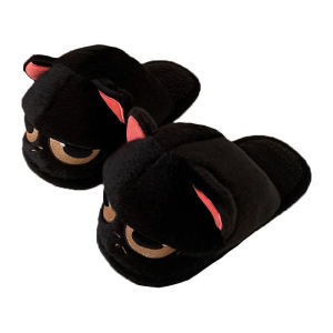 Fun Black Cat Cotton Slippers Indoor Anti-Slip Warm Couple Winter Fluffy Shoes Mens Style Cute Cartoon Design Home Comfortable