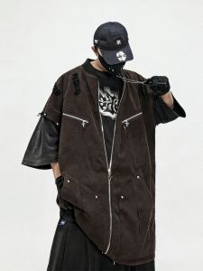 Streetwear Utility Oversized Distressed Five-quarter Sleeve Shirt