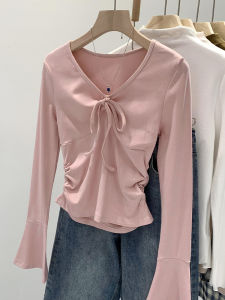 Pure Desire Slim Fit Base Layer Shirt Womens 2025 New Autumn Long Sleeve T-Shirt V-neck Waist Cinched Pleated Belt Short Top