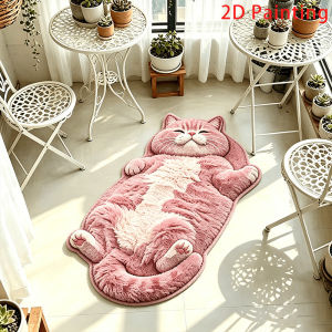 VIKAMA 3D Realistic Cat Shape Fluffy Rug Non Slip Washable Floor Mat Cute Animal Doormat Bedroom Living Room Pet Home Decor
