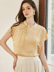 Roey s house | Elegant Mandarin Collar Tie Shirt Yellow Dots Satin Blouse
