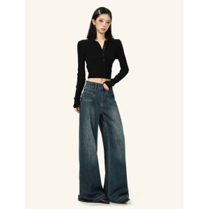 High Waist Deep Blue Denim Jeans Womens Vintage Washed Loose Wide Leg Pants Slimming Draping Floor-Length Casual Trousers