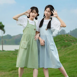 Slimming Summer Two-Piece Set School Uniform Style Short Sleeve round Neck A-Line Midi Skirt for Junior High School Students