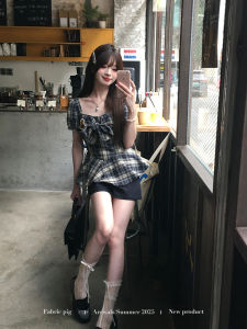Square Neck Plaid Summer Shirt Set