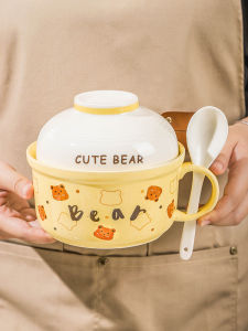 Large Capacity Ceramic Instant Noodles Bowl with Lid Spoon Microwave Safe Cute Rice Bowl Dormitory Student Handle Cartoon Elements