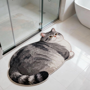 VIKAMA Lifelike Solid White Chubby Cat Irregular Mat Anti Slip Quick Dry Plush Floor Rug For Shower Kids Bedroom Entry Decor