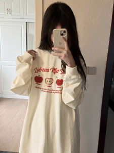 Sweet  Doodle Long Sleeve Pure Cotton Womens T-shirt Oversize Base Layer Shirt Autumn Gentle Wind Style round Neck Top