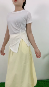 ชุดเซ็ตลำลอง เสื้อสีขาว+กระโ)รงเอวสูง ใส่สบาย