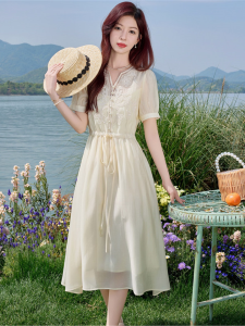 OUCAO | Summer High-end Embroidered Tencel V-neck Belted Dress