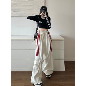 Casual Sporty Womens Workwear Pants High Street Stripe Loose Wide Leg Trousers Thickened Fleece Natural Waist Long Trousers