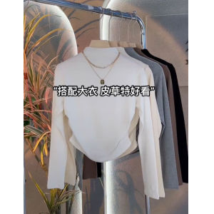 White Long Sleeve Half High Collar Slim Fit Solid Color Fashionable Versatile Womens Base Shirt T-Shirt Korean Style Commute