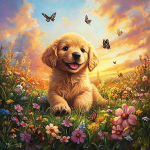 Bộ Tranh Kim Cương Huacan Full Square Round Drill - Golden Retriever Puppy Flower Sea Mosaic Tác Phẩm Nghệ Thuật Động Vật Để Trang Trí Nhà Cửa