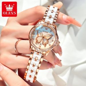 OLEVS watch for women original casual waterproof luminous calendar exquisite and elegant butterfly diamond petal-shaped dial Ceramic stainless steel quartz jam tangan perempuan