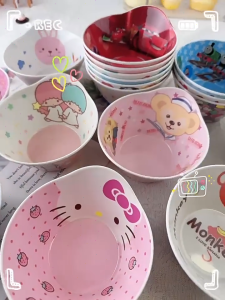 GUOYIHUA Kuromi การ์ตูนใหม่ ชาม พร้อมหูจับ ชาม เมลามีน ป้องกันการตก ชามซุปร้อนหลายรูปแบบเป็นที่รักของทารก