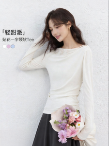 Vimly | French Style White One-Shoulder Long-Sleeve Women T-Shirt