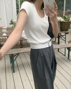 Miki Studio 95% Cotton Slim Fit U-Neck Short Sleeve T-Shirt Comfortable Korean Style Commute Pure Color Summer Top