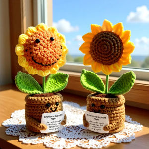 Handmade Crochet Sunflower Emotional Support Plant Desktop Ornament Adorable Potted Flower Decor with Inspirational Notes Gift