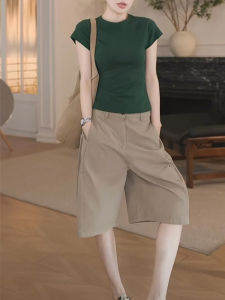 Shalldoer | Bộ đồ hai mảnh giản dị thời trang mùa hè tay ngắn cạp cao quần short thường ngày cho nữ Bộ giảm tuổi