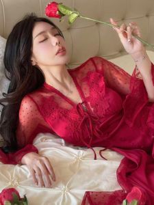 Red Lace Trim Sleep Dress Princess Style Sleep Robe with Chest Pad Large Size Slimming Effect Wedding Bride Goddess Style Home Wear