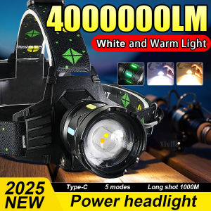 4000000LM Most Powerful Headlamp Warm and White Light Headlight Head Lantern Front Light Recharge LED Fishing Head Flashlight