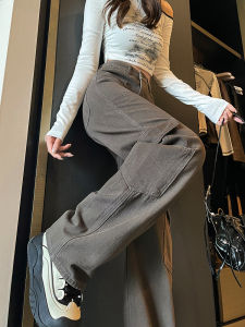 American Style Grey Workwear Jeans Womens Winter Fleece Lined Slim Straight Leg Wide Leg Casual Pants High Waist Zipper Fly