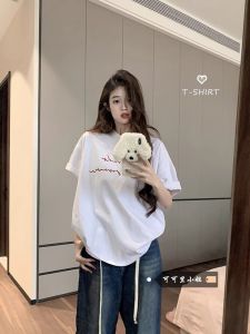 Cotton Letter Print Short Sleeve T-Shirt Womens Loose Fit round Neck Top Korean Style Simple Lazy Summer New Arrival