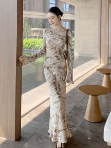 SHANGSHA | Elegant French Noble Style Autumn Printed Dress