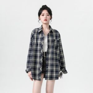 เสื้อเชิ้ตผู้หญิง แขนยาว สีน้ำเงิน ลายทาง ผ้าบาง สไตล์เรโทร ทรงหลวม เสื้อตัวบน