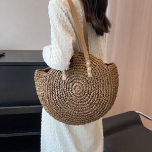 Tas Pantai Korea Rotan Besar Pantai Polos bulat Straw Shoulde Bag Bali Tas Bahu Kasual Korea Tas Anyaman Rotan Pantai Besar Rattan Beach Straw Bag