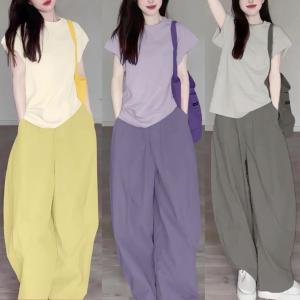 กีฬาลําลองชุดสองชิ้น Fanni Zi ฤดูร้อน Dopamine เสื้อยืดกางเกงขากว้างเสื้อสวมหัว Crewneck สําหรับหญิงสาว