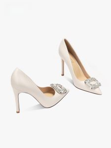 White High Heels Womens Spring Autumn Fashionable Sharp Pointed Toe Thin Heel Design Sense Diamond Embellished Single Shoes