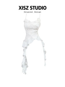 Summer Pure Desire Style Asymmetrical Lace Trim Halter Vest Chic Top with 3D Flower Design Unique Small Audience Sensation