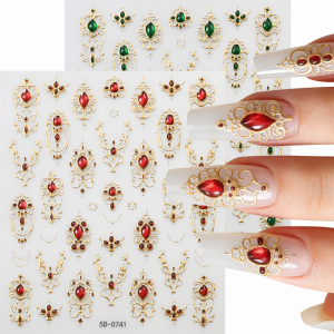 1Pcs 5D Retro Baroque Scepter Nail Stickers Emerald Ruby Heart Western Palace Style Nails Decals Self-adhesive Manicure Sliders