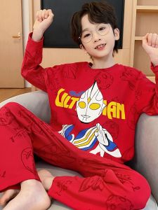ชุดนอนแขนยาวผ้าฝ้ายแท้สำหรับเด็กชาย ชุดอยู่บ้านสตีลแมนสีแดง ฤดูใบไม้ร่วง/ฤดูหนาว ปีมังกร 2024 ชุดนอนเด็กชาย