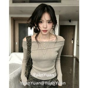 Womens Knitted Base Shirt High Waist Long Sleeve Shoulder High Fashion Spring Autumn Winter Unusual Inner French Style Top