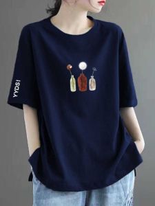Loose Fit Pure Cotton Short Sleeve T-Shirt Womens round Neck plus Size Slimming Top Korean Style Summer Fashion 2025