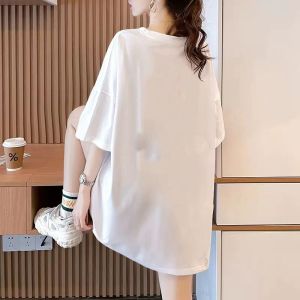 plus Size Womens Cotton T-Shirt Short Sleeve Loose Fit Slimming Pure Blue Fashionable Top Korean Style round Neck Commute Wear