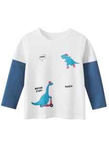27Kids Pure Cotton Dinosaur Print Long Sleeve Base Shirt for Boys Spring Autumn Kids Clothing T-Shirt Korean Style Standard Fit