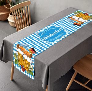 Oktoberfest Table Runner Blue White Check Beer Mug Pretzel Print Table Decor for German Beer Festival Party Dining Table