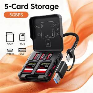 USB3.0 Reader Storage Box Adapter 5 in 1 USB A Type C Cable 5Ports Read Simultaneously Connector Memory SD/TF Card Storage Box