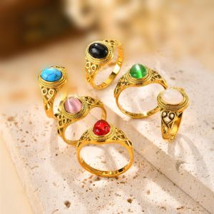 Kemstone Vintage Stainless Steel Oval Cat Eye Stone Rings for Women Natural Stone Jewelry