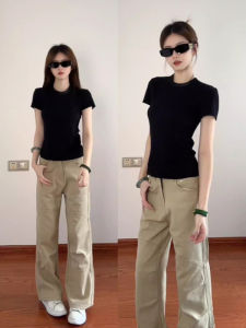 Áo Thun Tay Ngắn Màu Đen Cổ Tròn Dáng Ôm Vừa Vặn Phong Cách Mỹ Cổ Điển Dành Cho Nữ Mùa Thu Mới Áo Lót Bên Trong