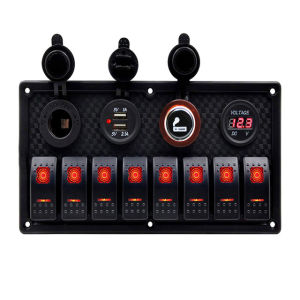 8 Gang Rocker Switch Panel Circuit Breaker Overload Protected Voltmeter 12V 24V DC USB Charger Port RV Car Boat Marine Blue LED
